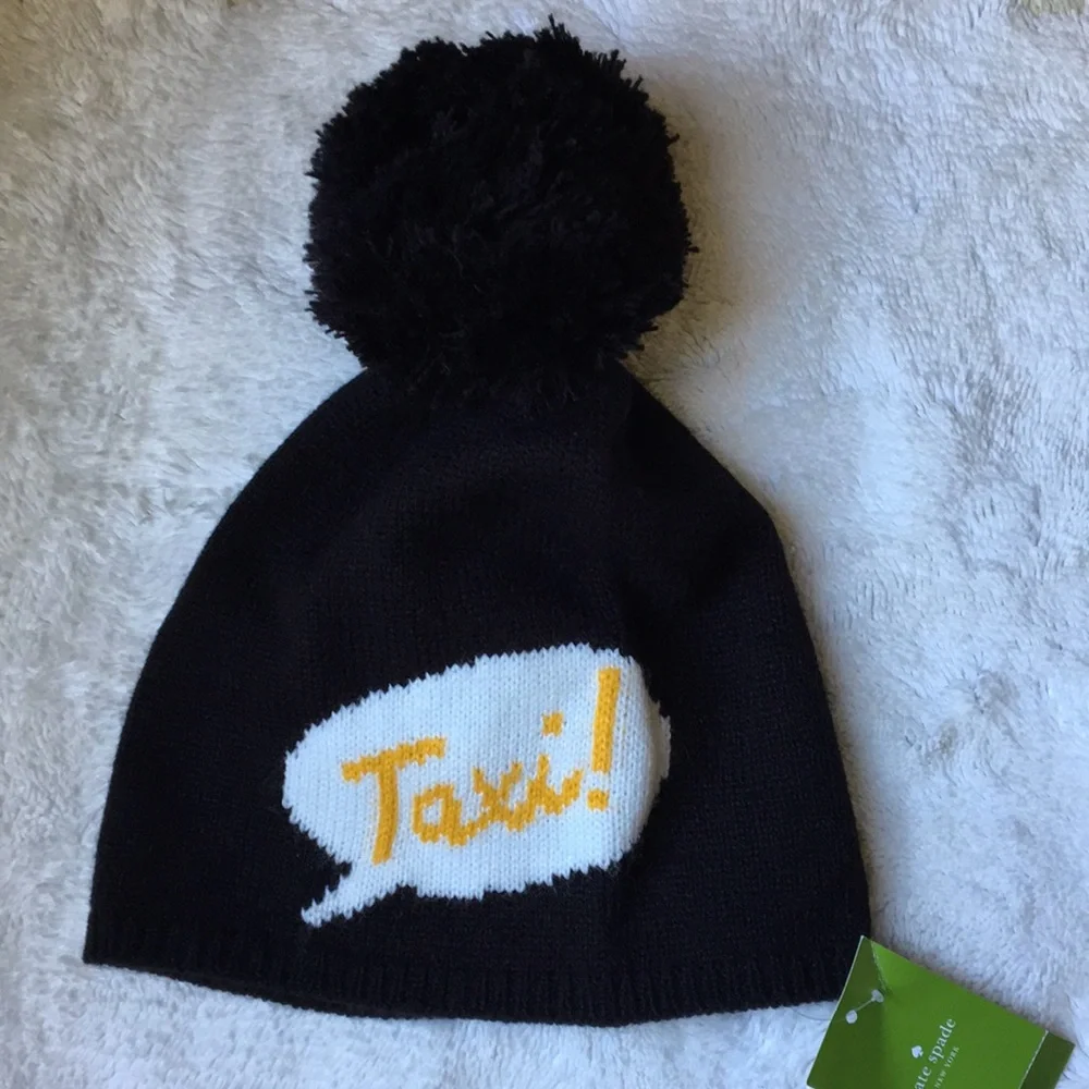 🚖Kate Spade Taxi! Speech Bubble 🚖 Beanie NWT black + black pompom